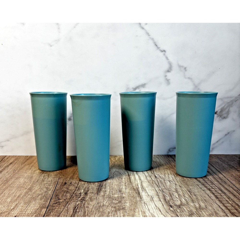 Vintage Tupperware Aqua Blue Tall Tumblers‎ Set of 4, Teal Color, Retro, Cup Set